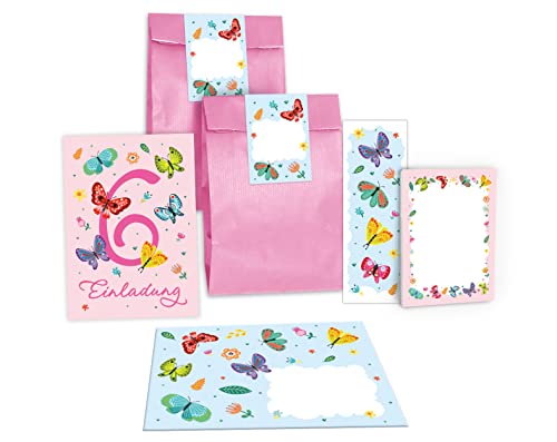 Junapack 12 Einladungskarten zum 6. Kindergeburtstag sechste Geburtstag Mädchen Schmetterlinge incl. 12 Umschläge, 12 Tüten/rosa, 12 Aufkleber, 12 Lesezeichen, 12 Blöcke Junapack 12 Einladungskarten zum 6. Kindergeburtstag sechste Geburtstag Mädchen Schmetterlinge incl. 12 Umschläge, 12 Tüten/rosa, 12 Aufkleber, 12 Lesezeichen, 12 Blöcke von Junapack