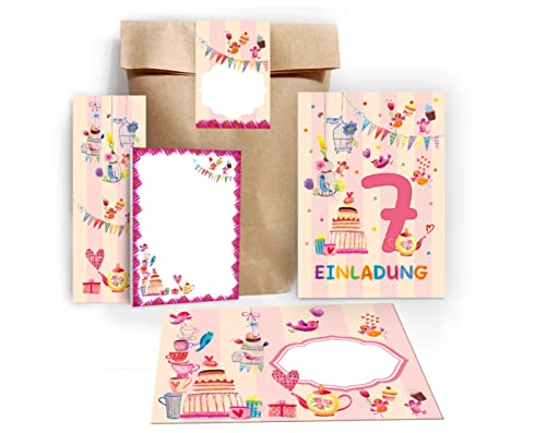 Junapack 12 Einladungskarten zum 7. Kindergeburtstag Einladung zum siebten Geburtstag Mädchen Vögelchen incl. 12 Umschläge, 12 Tüten/Natur, 12 Aufkleber, 12 Lesezeichen, 12 Blöcke von Junapack