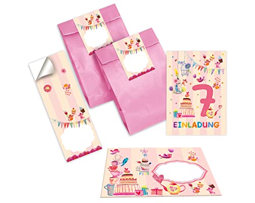 Junapack 12 Einladungskarten zum 7. Kindergeburtstag Einladung zum siebten Geburtstag Mädchen Vögelchen incl. 12 Umschläge, 12 Tüten / rosa, 12 Aufkleber von Junapack