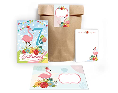 Junapack 12 Einladungskarten zum 7. Kindergeburtstag siebte Geburtstag Mädchen Flamingo incl. 12 Umschläge, 12 Tüten/natur, 12 Aufkleber, 12 Blöcke von Junapack