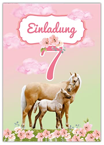 Junapack 12 Einladungskarten zum 7. Kindergeburtstag siebte Geburtstag Mädchen Pferd mit Fohlen von Junapack