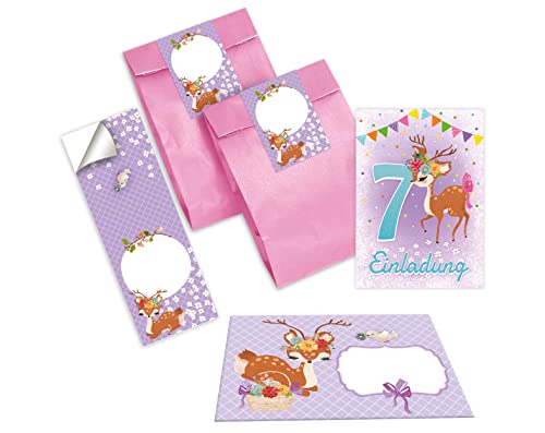 Junapack 12 Einladungskarten zum 7. Kindergeburtstag siebte Geburtstag Mädchen Reh incl. 12 Umschläge, 12 Tüten/rosa, 12 Aufkleber von Junapack