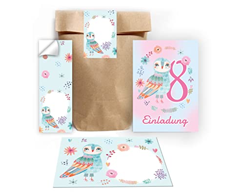 Junapack 12 Einladungskarten zum 8. Kindergeburtstag Einladung zum achten Geburtstag Mädchen Eule incl. 12 Umschläge, 12 Tüten/Natur, 12 Aufkleber von Junapack