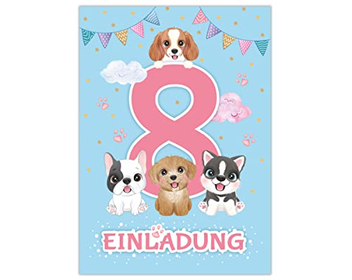 Junapack 12 Einladungskarten zum 8. Kindergeburtstag Einladung zum achten Geburtstag Mädchen Hunde von Junapack