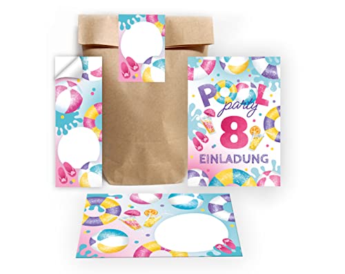 Junapack 12 Einladungskarten zum 8. Kindergeburtstag Schwimmbad Einladungen achte Geburtstag Mädchen Pool-Party incl. 12 Umschläge, 12 Tüten/natur, 12 Aufkleber Junapack 12 Einladungskarten zum 8. Kindergeburtstag Schwimmbad Einladungen achte Geburtstag Mädchen Pool-Party incl. 12 Umschläge, 12 Tüten/natur, 12 Aufkleber von Junapack