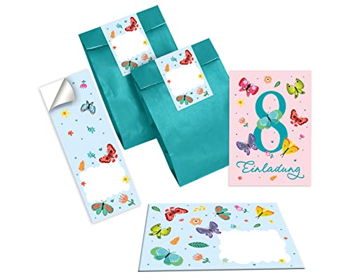 Junapack 12 Einladungskarten zum 8. Kindergeburtstag achte Geburtstag Schmetterlinge Pferd incl. 12 Umschläge, 12 Tüten/Petrol, 12 Aufkleber Junapack 12 Einladungskarten zum 8. Kindergeburtstag achte Geburtstag Schmetterlinge Pferd incl. 12 Umschläge, 12 Tüten/Petrol, 12 Aufkleber von Junapack