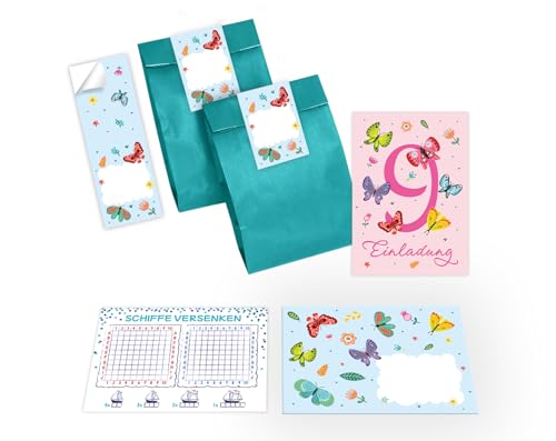 Junapack 12 Einladungskarten zum 9. Kindergeburtstag Einladung Geburtstag Mädchen Schmetterlinge Blumen incl. 12 Umschläge, 12 Tüten/petrol, 12 Aufkleber, 12 Schiffe versenken von Junapack