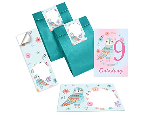 Junapack 12 Einladungskarten zum 9. Kindergeburtstag Einladung zum neunten Geburtstag Mädchen Eule incl. 12 Umschläge, 12 Tüten/Petrol, 12 Aufkleber von Junapack