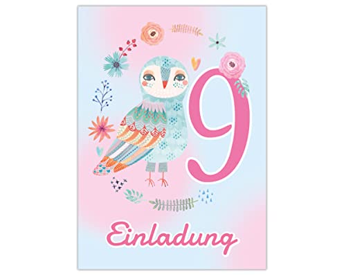 Junapack 12 Einladungskarten zum 9. Kindergeburtstag Einladung zum neunten Geburtstag Mädchen Eule Junapack 12 Einladungskarten zum 9. Kindergeburtstag Einladung zum neunten Geburtstag Mädchen Eule von Junapack