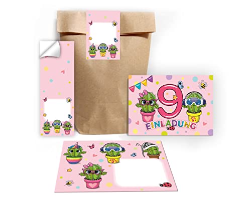 Junapack 12 Einladungskarten zum 9. Kindergeburtstag Einladung zum neunten Geburtstag Mädchen Kaktus incl. 12 Umschläge, 12 Tüten/natur, 12 Aufkleber von Junapack