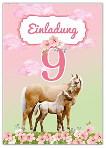 Junapack 12 Einladungskarten zum 9. Kindergeburtstag neunte Geburtstag Mädchen Pferd mit Fohlen von Junapack