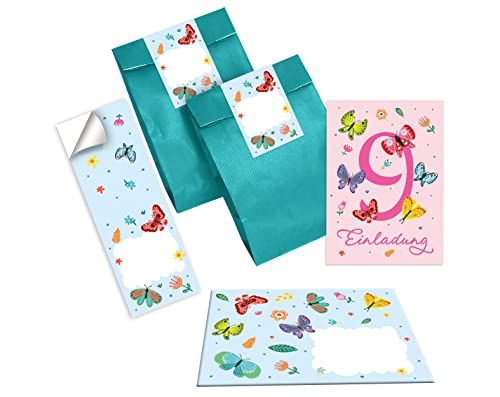 Junapack 12 Einladungskarten zum 9. Kindergeburtstag neunte Geburtstag Schmetterlinge Pferd incl. 12 Umschläge, 12 Tüten/Petrol, 12 Aufkleber von Junapack