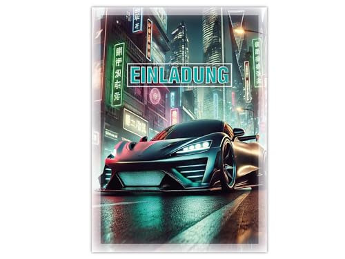 Junapack 12 Einladungskarten zum Kindergeburtstag Auto Rennauto - Geburtstagseinladung Unisex Coole Autos & Rennwagen Motive, Einladung für Autofans - Urban Speedster von Junapack