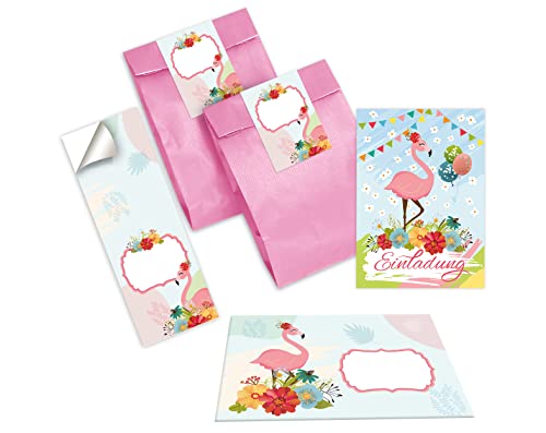 Junapack 12 Einladungskarten zum Kindergeburtstag Geburtstag Mädchen Flamingo incl. 12 Umschläge, 12 Tüten/rosa, 12 Aufkleber von Junapack