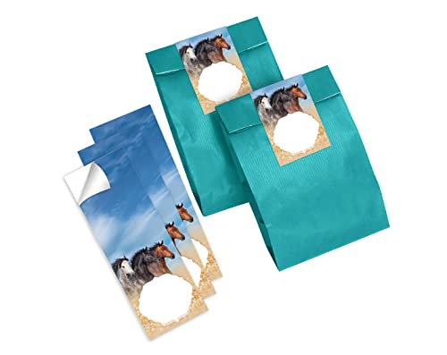 Junapack 12 Geschenktüten (Petrol) + 12 Aufkleber DREI Pferde für Mitgebsel Gastgeschenk beim Kindergeburtstag Mädchen von Junapack
