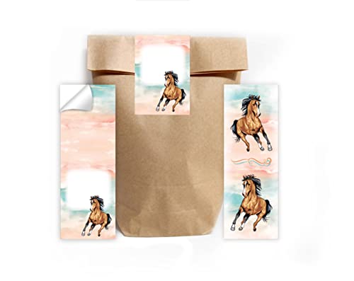 Junapack 12 Lesezeichen + 12 Geschenktüten (Natur) + 12 Aufkleber Pferd Mitgebsel Gastgeschenk beim Kindergeburtstag Mädchen von Junapack