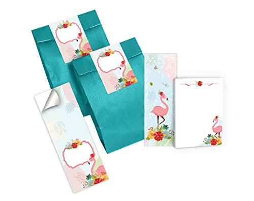 Junapack 12 Lesezeichen + 12 Mini-Notizblöcke + 12 Geschenktüten (Petrol) + 12 Aufkleber Flamingo Mitgebsel Gastgeschenk beim Kindergeburtstag Mädchen von Junapack