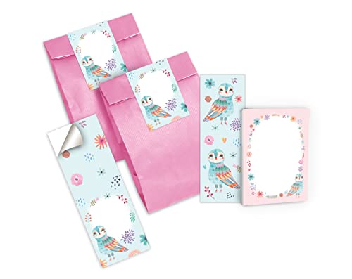 Junapack 12 Lesezeichen + 12 Mini-Notizblöcke + 12 Geschenktüten (rosa) + 12 Aufkleber Eule Mitgebsel Gastgeschenk beim Kindergeburtstag Mädchen von Junapack