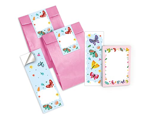 Junapack 12 Lesezeichen + 12 Mini-Notizblöcke + 12 Geschenktüten (rosa) + 12 Aufkleber Schmetterlinge Mitgebsel Gastgeschenk beim Kindergeburtstag Mädchen von Junapack