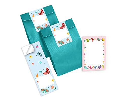 Junapack 12 Mini-Notizblöcke + 12 Geschenktüten (Petrol) + 12 Aufkleber Schmetterlinge Mitgebsel Gastgeschenk beim Kindergeburtstag Mädchen von Junapack