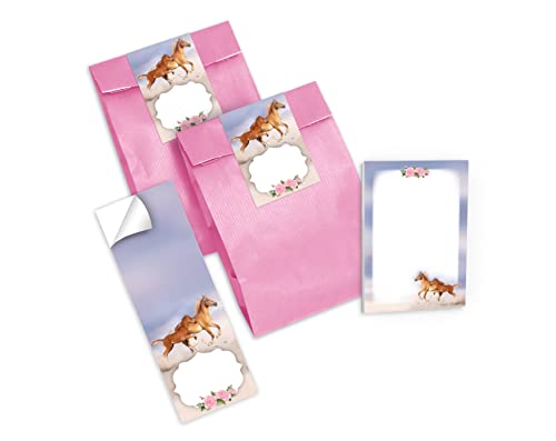 Junapack 12 Mini-Notizblöcke + 12 Geschenktüten (rosa) + 12 Aufkleber Pferd mit Fohlen Mitgebsel Gastgeschenk beim Kindergeburtstag Mädchen von Junapack