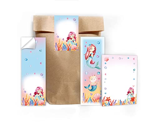 Junapack 6 Lesezeichen + 6 Mini-Notizblöcke + 6 Geschenktüten (Natur) + 6 Aufkleber Meerjungfrau Katze Mitgebsel Gastgeschenk beim Kindergeburtstag Mädchen von Junapack