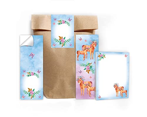 Junapack 6 Lesezeichen + 6 Mini-Notizblöcke + 6 Geschenktüten (Natur) + 6 Aufkleber Zwei Pferde Mitgebsel Gastgeschenk beim Kindergeburtstag Mädchen von Junapack