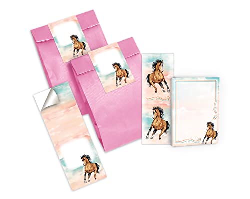 Junapack 6 Lesezeichen + 6 Mini-Notizblöcke + 6 Geschenktüten (rosa) + 6 Aufkleber Pferd Mitgebsel Gastgeschenk beim Kindergeburtstag Mädchen von Junapack