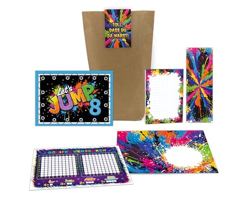 10 Einladungskarten 8. Kindergeburtstag Jump Party Mädchen Jungen Kinder Einladungen achte Geburtstag inkl. 10 Umschläge, 10 Tüten, 10 Aufkleber, 10 Lesezeichen, 10 Blöcke, 10 Schiffe versenken von Junaversum