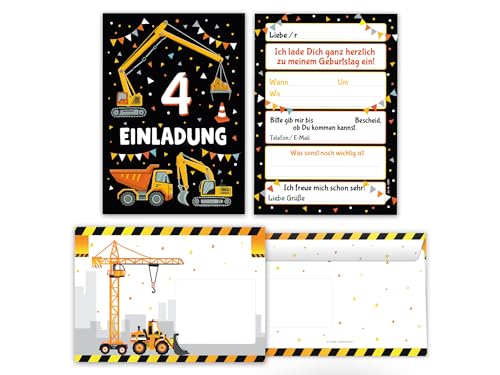 10 Einladungskarten inkl. 10 Umschläge zum 4. Kindergeburtstag Jungen Bagger Baustelle Kinder coole bunte Einladungen vierte Geburtstag Geburtstagseinladungen Kids von Junaversum
