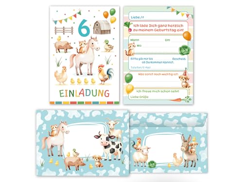 10 Einladungskarten inkl. 10 Umschläge zum 6. Kindergeburtstag Bauernhof Mädchen Jungen Kinder coole bunte Einladungen sechste Geburtstag Geburtstagseinladungen Kids von Junaversum