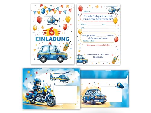 10 Einladungskarten inkl. 10 Umschläge zum 6. Kindergeburtstag Polizei Jungen Kinder coole bunte Einladungen sechste Geburtstag Geburtstagseinladungen Kids von Junaversum