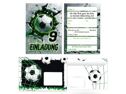 10 Einladungskarten inkl. 10 Umschläge zum 9. Kindergeburtstag Fußball Fussball Kinder Jungen coole bunte Einladungen neunte Geburtstag Geburtstagseinladungen Kids von Junaversum