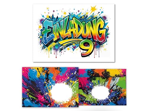 10 Einladungskarten inkl. 10 Umschläge zum 9. Kindergeburtstag Kinder Graffiti Junge Mädchen coole bunte Einladungen neunte Geburtstag Geburtstagseinladungen Kids von Junaversum