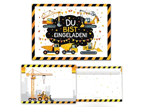 10 Einladungskarten inkl. 10 Umschläge zum Kindergeburtstag Bagger Baustelle Jungen Kinder coole bunte Einladungen Geburtstag Geburtstagseinladungen Kids von Junaversum