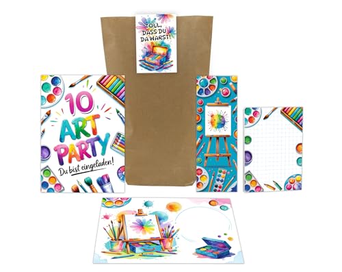10 Einladungskarten zum 10. Kindergeburtstag Art Kreativ Malparty Kunst DIY Kinder Mädchen Einladungen zehnte Geburtstag inkl. 10 Umschläge, 10 Tüten, 10 Aufkleber, 10 Lesezeichen, 10 Blöcke von Junaversum
