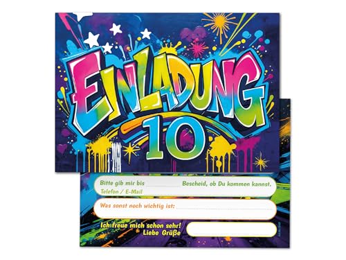 10 Einladungskarten zum 10. Kindergeburtstag Graffiti Mädchen Junge Kinder coole bunte Einladungen zehnte Geburtstag Geburtstagseinladungen Kids von Junaversum