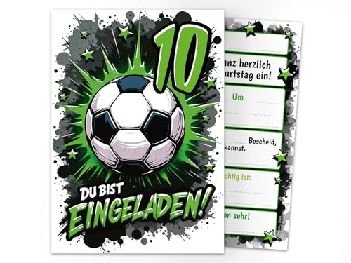 10 Einladungskarten zum 10. Kindergeburtstag Jungen Fußball Fussball Kinder coole bunte Einladungen zehnte Geburtstag Geburtstagseinladungen Kids von Junaversum