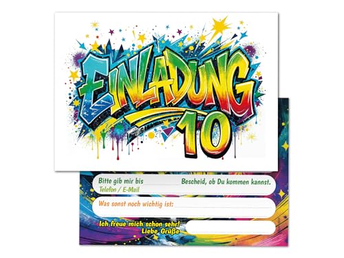 10 Einladungskarten zum 10. Kindergeburtstag Kinder Graffiti Junge Mädchen coole bunte Einladungen zehnte Geburtstag Geburtstagseinladungen Kids von Junaversum
