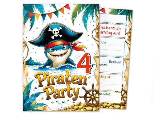 10 Einladungskarten zum 4. Kindergeburtstag Pirat Hai Mädchen Jungen Kinder coole bunte Einladungen vierte Geburtstag Geburtstagseinladungen Kids 10 Einladungskarten zum 4. Kindergeburtstag Pirat Hai Mädchen Jungen Kinder coole bunte Einladungen vierte Geburtstag Geburtstagseinladungen Kids von Junaversum