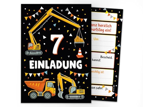 10 Einladungskarten zum 7. Kindergeburtstag Jungen Bagger Baustelle Kinder coole bunte Einladungen siebte Geburtstag Geburtstagseinladungen Kids von Junaversum