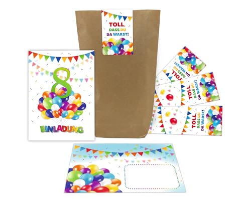 10 Einladungskarten zum 8. Kindergeburtstag Jungen Mädchen Luftballons Einladungen achte Geburtstag incl. 10 Umschläge, 10 Tüten, 10 Aufkleber von Junaversum