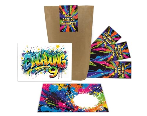 10 Einladungskarten zum 9. Kindergeburtstag Kinder Graffiti Junge Mädchen coole bunte Einladungen neunte Geburtstag Geburtstagseinladungen Kids inkl. 10 Umschläge, 10 Tüten, 10 Aufkleber von Junaversum