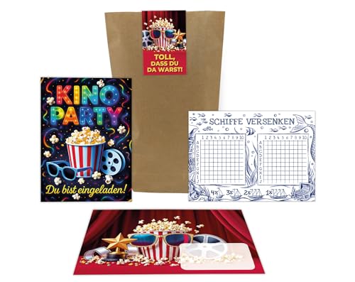 10 Einladungskarten zum Kindergeburtstag Kino Cinema Party Mädchen Jungen bunt Einladungen Geburtstag Geburtstagseinladungen inkl. 10 Umschläge, 10 Tüten, 10 Aufkleber, 10 Schiffe versenken von Junaversum
