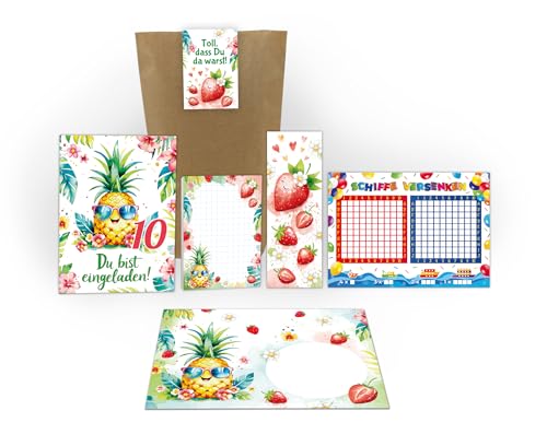 12 Einladungskarten 10. Kindergeburtstag Mädchen Ananas Kinder Sommer Einladungen zehnte Geburtstag inkl. 12 Umschläge, 12 Tüten, 12 Aufkleber, 12 Lesezeichen, 12 Blöcke, 12 Schiffe versenken von Junaversum