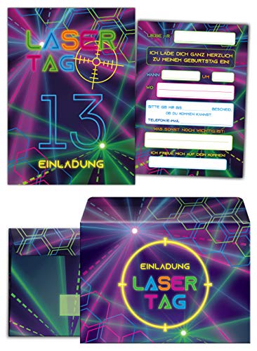 12 Einladungskarten incl. 12 Umschläge zum 13. Geburtstag dreizehnte Kindergeburtstag Lasertag Party Mädchen Jungen / Laser Tag von Junaversum