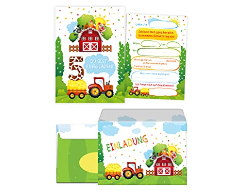 12 Einladungskarten incl. 12 Umschläge zum 5. Kindergeburtstag fünfte Geburtstag Mädchen Jungen Bauernhof Outdoor-Party von Junaversum