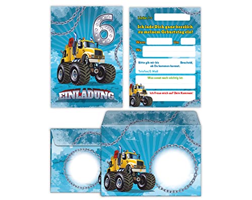 12 Einladungskarten incl. 12 Umschläge zum 6. Kindergeburtstag Einladung sechste Geburtstag Jungen Monster-Truck Auto von Junaversum