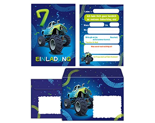 12 Einladungskarten incl. 12 Umschläge zum 7. Kindergeburtstag Einladung siebte Geburtstag Jungen Auto Monster-Truck von Junaversum