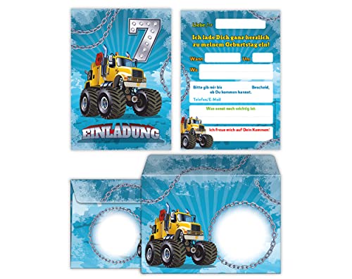 12 Einladungskarten incl. 12 Umschläge zum 7. Kindergeburtstag Einladung siebte Geburtstag Jungen Monster-Truck Auto von Junaversum